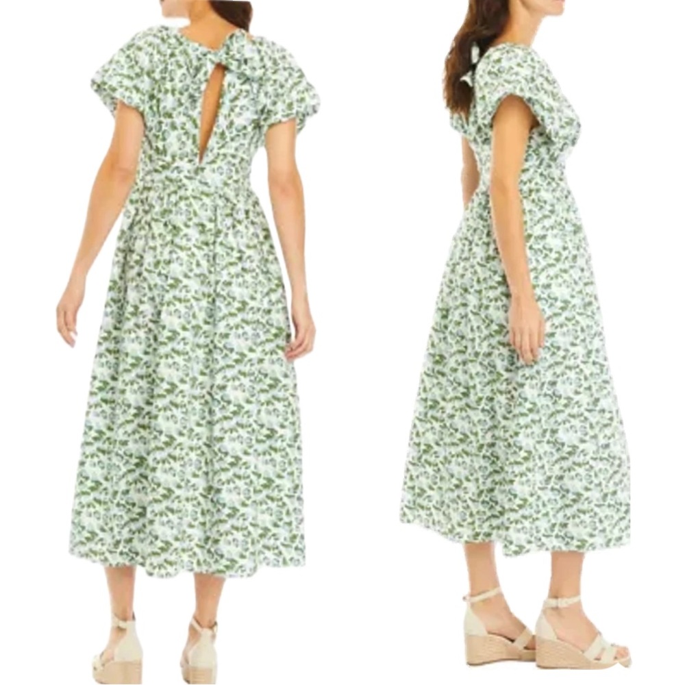 Crown & Ivy, society social /NWT Green Maxi Dress puffy sleeve tie back, Size 12 - Picture 2 of 16